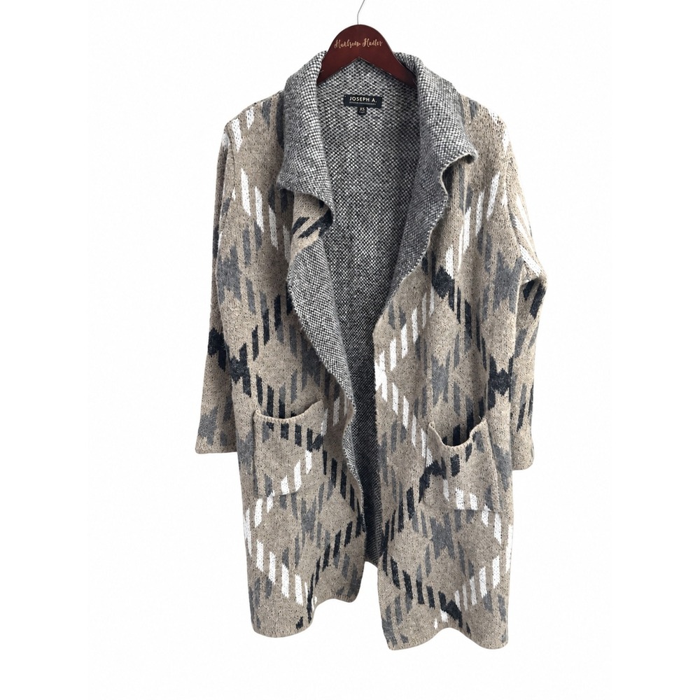 Joseph A Cardigan Women XS Taupe Geometric Open Front Longline EUC Soft Knit